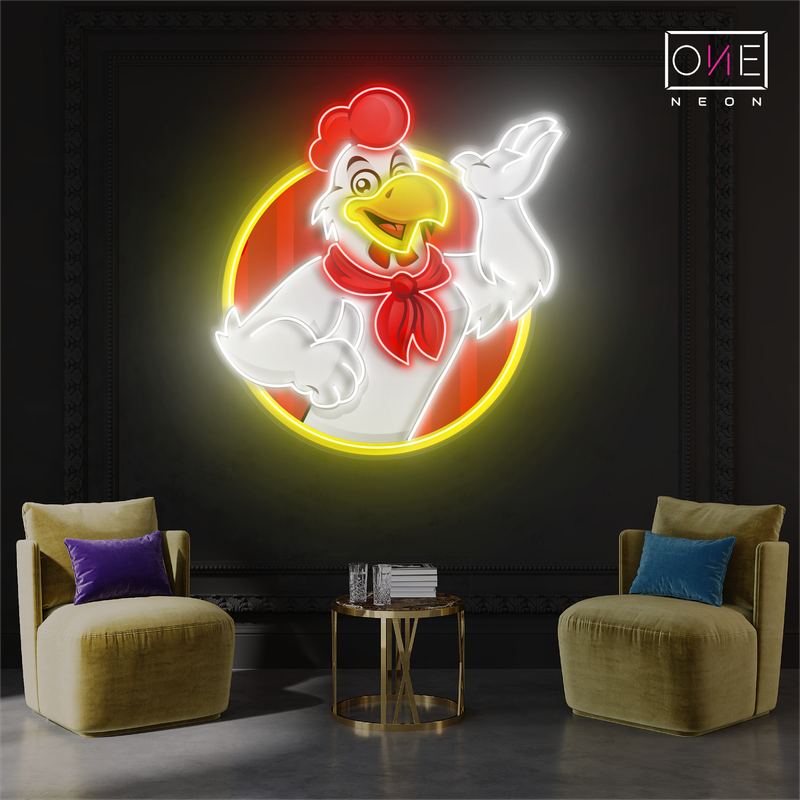 Panneau néon à LED avec illustration de poulet heureux