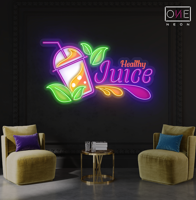 Enseigne au néon à LED avec illustration de jus sain