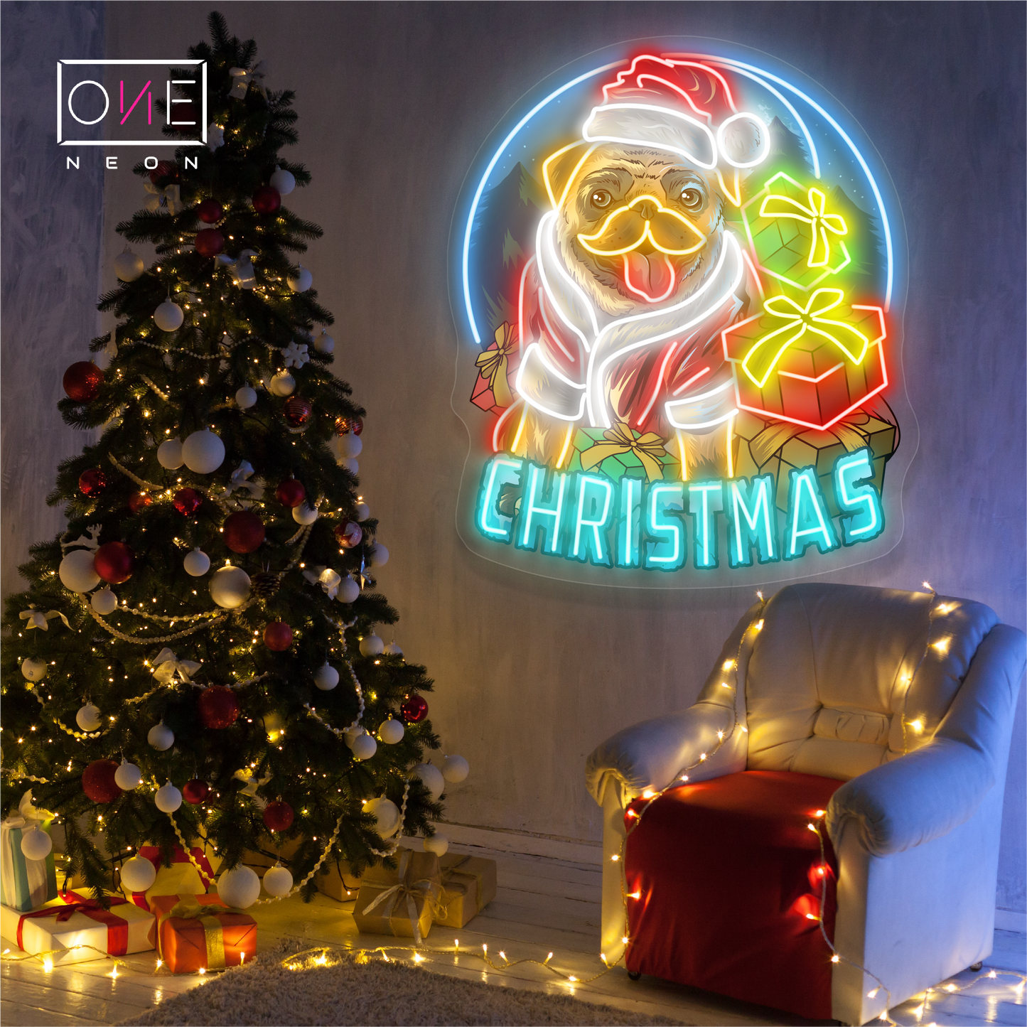 Panneau néon à LED avec illustration de Noël Pug