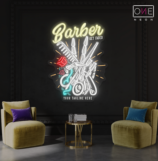 Enseigne au néon à LED avec illustration de coupe de barbier classique