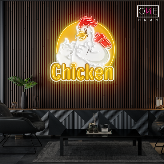 Panneau néon à LED avec illustration de poulet de Clucky