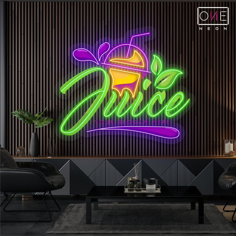 Enseigne au néon à LED avec illustration de jus de fruits