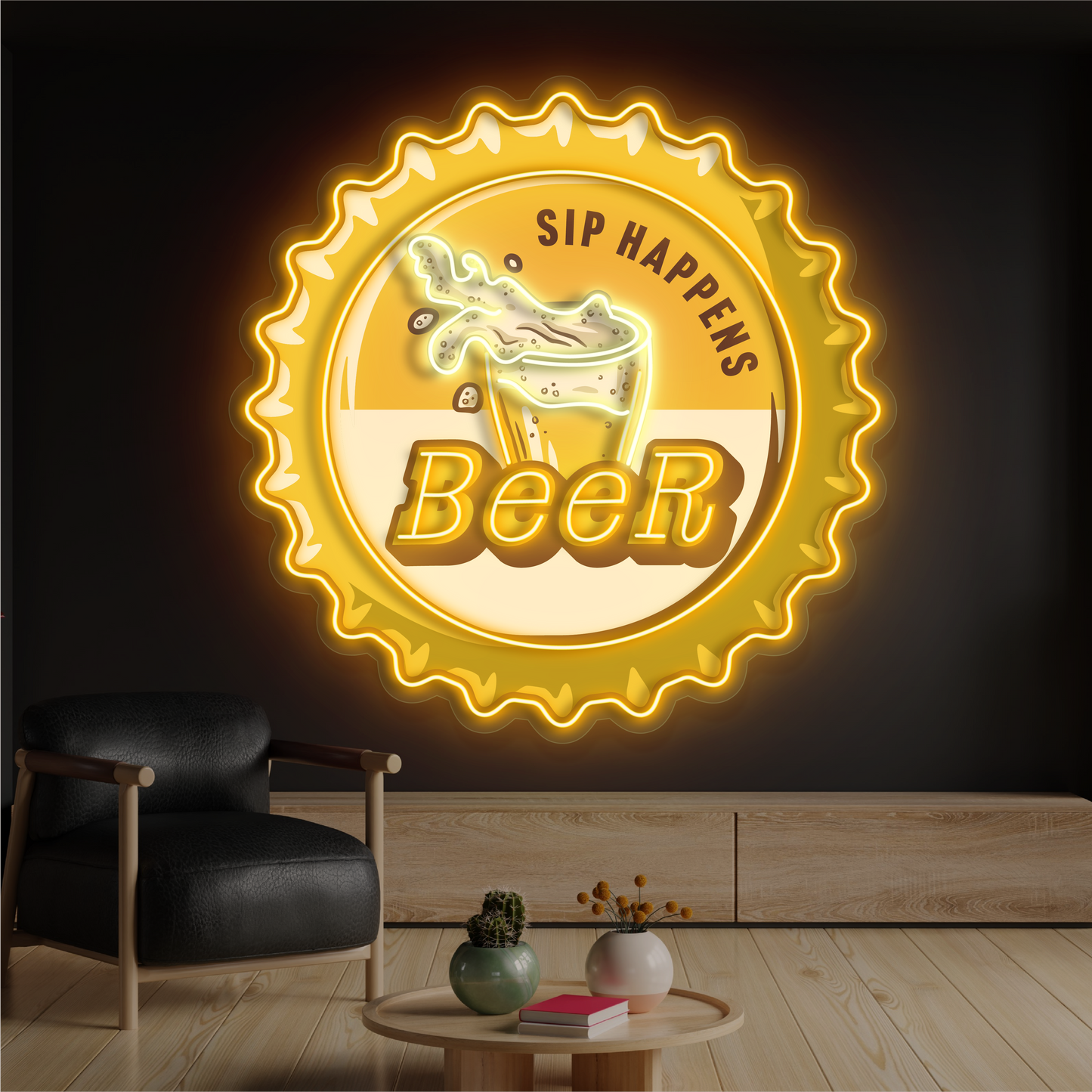Enseigne au néon à LED avec illustration de bière Sip Happens