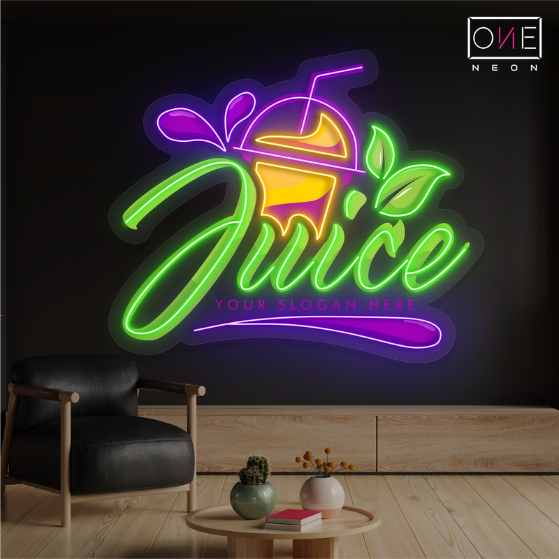 Enseigne au néon à LED avec illustration de jus de fruits