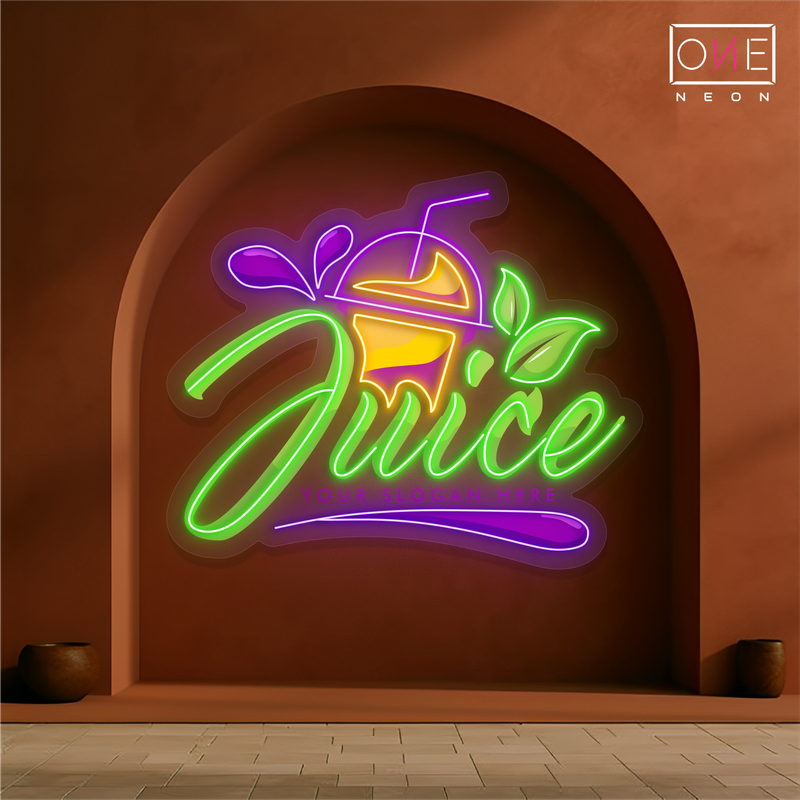 Enseigne au néon à LED avec illustration de jus de fruits