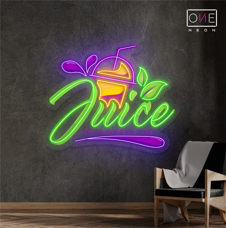 Enseigne au néon à LED avec illustration de jus de fruits