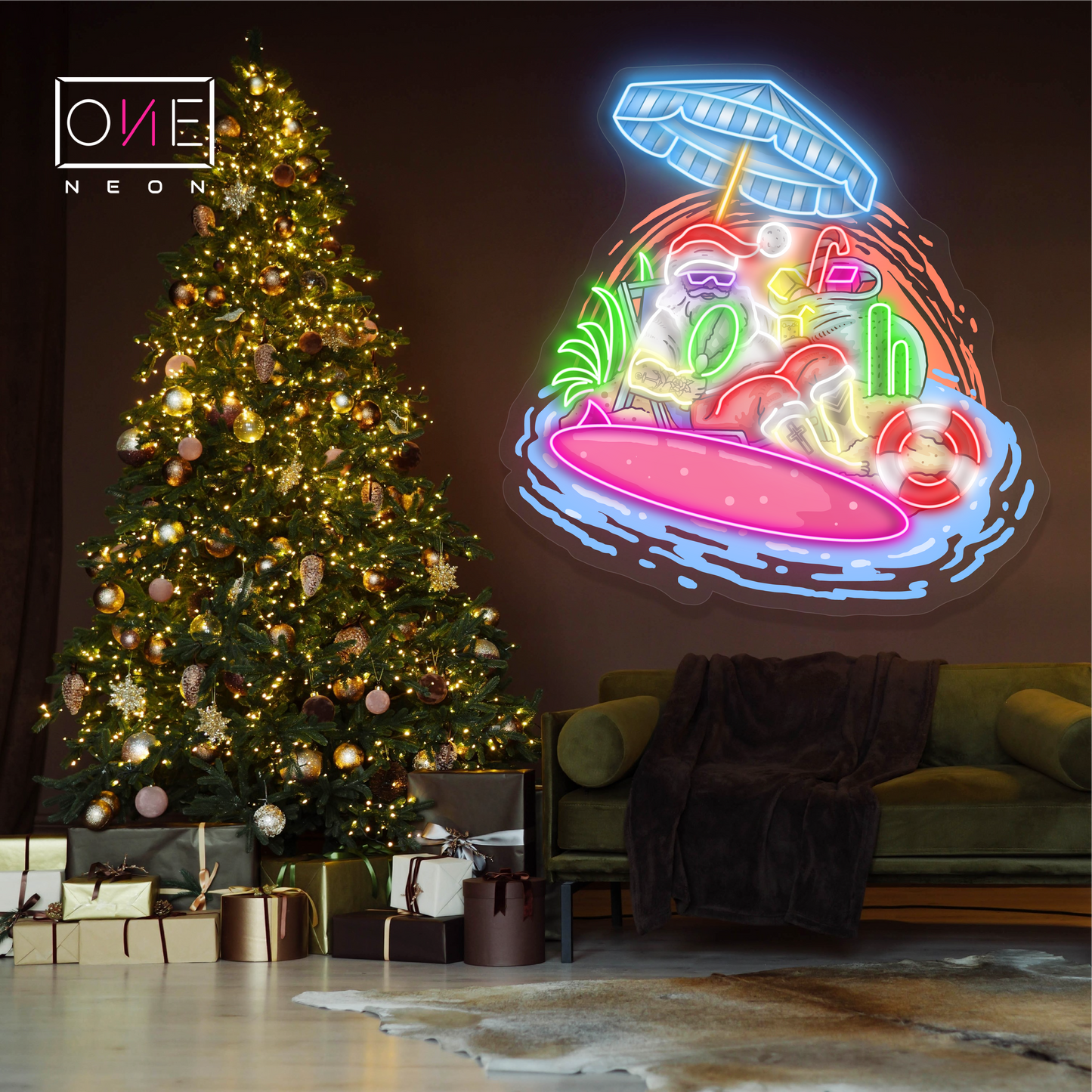 Panneau néon à LED représentant les vacances à la plage du Père Noël