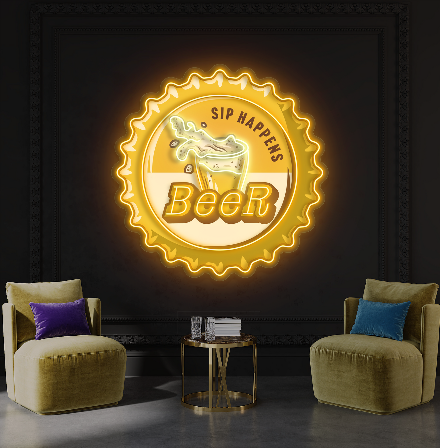 Enseigne au néon à LED avec illustration de bière Sip Happens