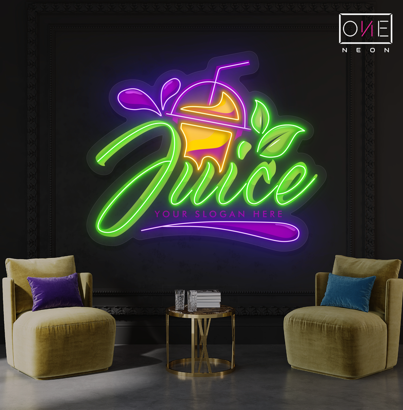 Enseigne au néon à LED avec illustration de jus de fruits