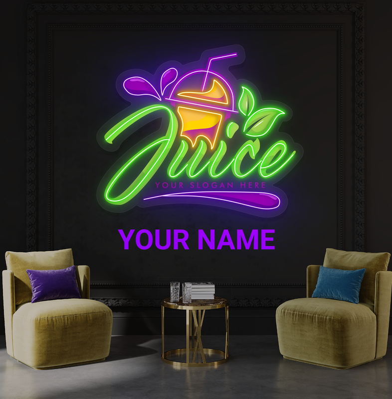 Enseigne au néon à LED avec illustration de jus de fruits