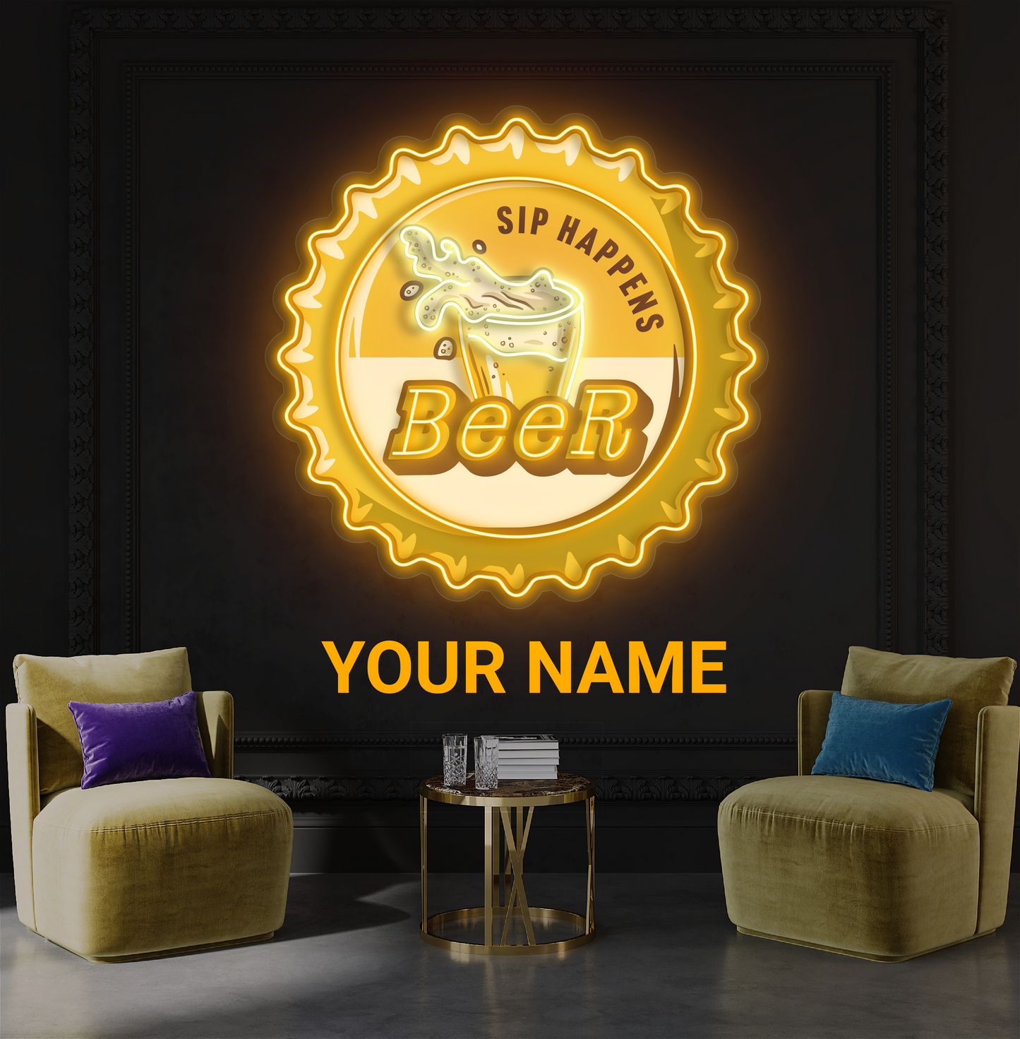 Enseigne au néon à LED avec illustration de bière Sip Happens