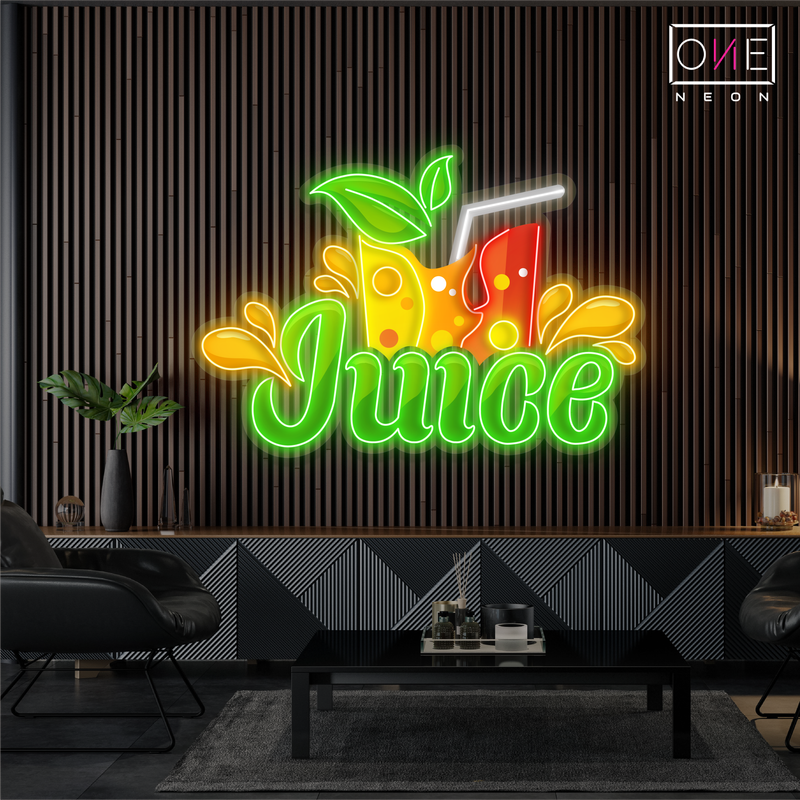 Enseigne au néon à LED avec illustration de jus de fruits frais