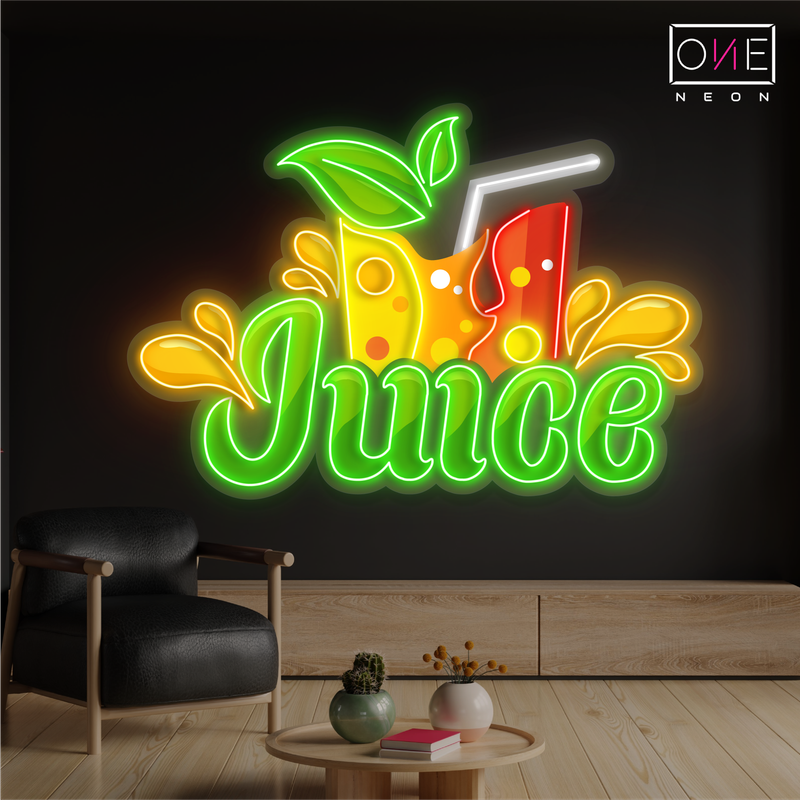 Enseigne au néon à LED avec illustration de jus de fruits frais
