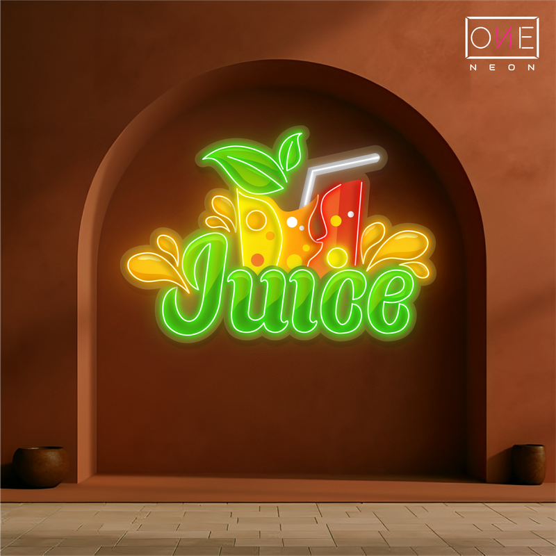 Enseigne au néon à LED avec illustration de jus de fruits frais