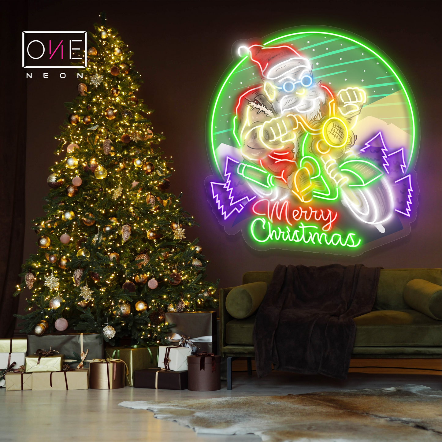 Panneau néon à LED représentant la balade de Noël du Père Noël