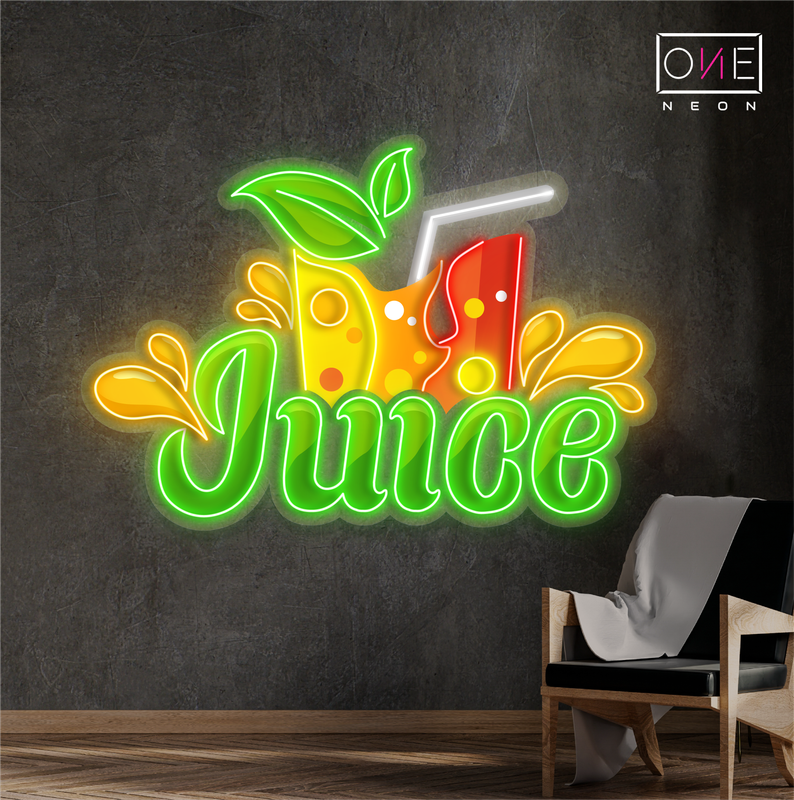 Enseigne au néon à LED avec illustration de jus de fruits frais