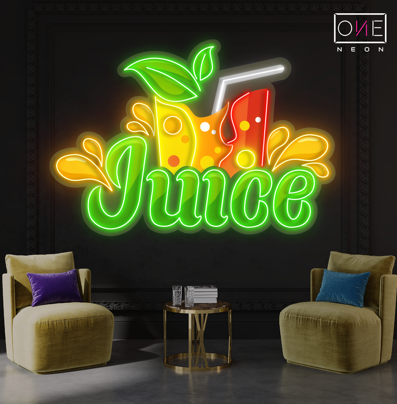 Enseigne au néon à LED avec illustration de jus de fruits frais