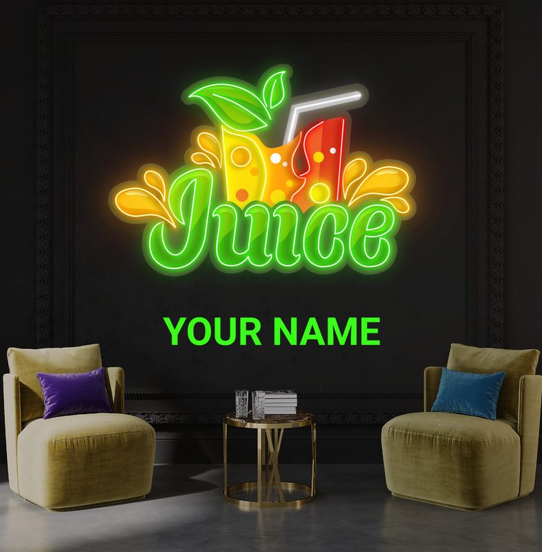 Enseigne au néon à LED avec illustration de jus de fruits frais