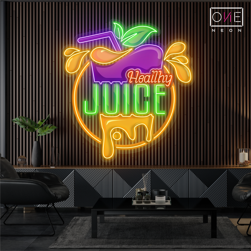 Enseigne au néon à LED avec illustration de jus sain