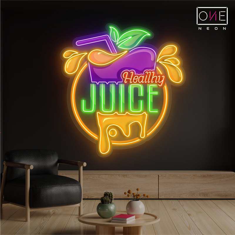 Enseigne au néon à LED avec illustration de jus sain