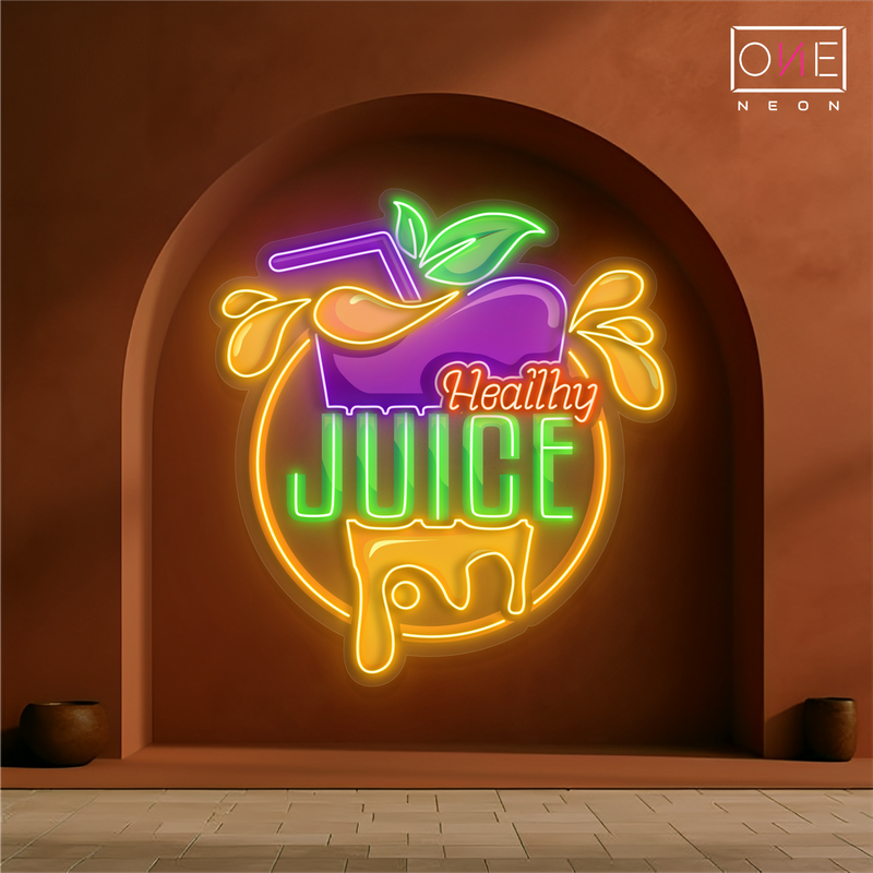Enseigne au néon à LED avec illustration de jus sain