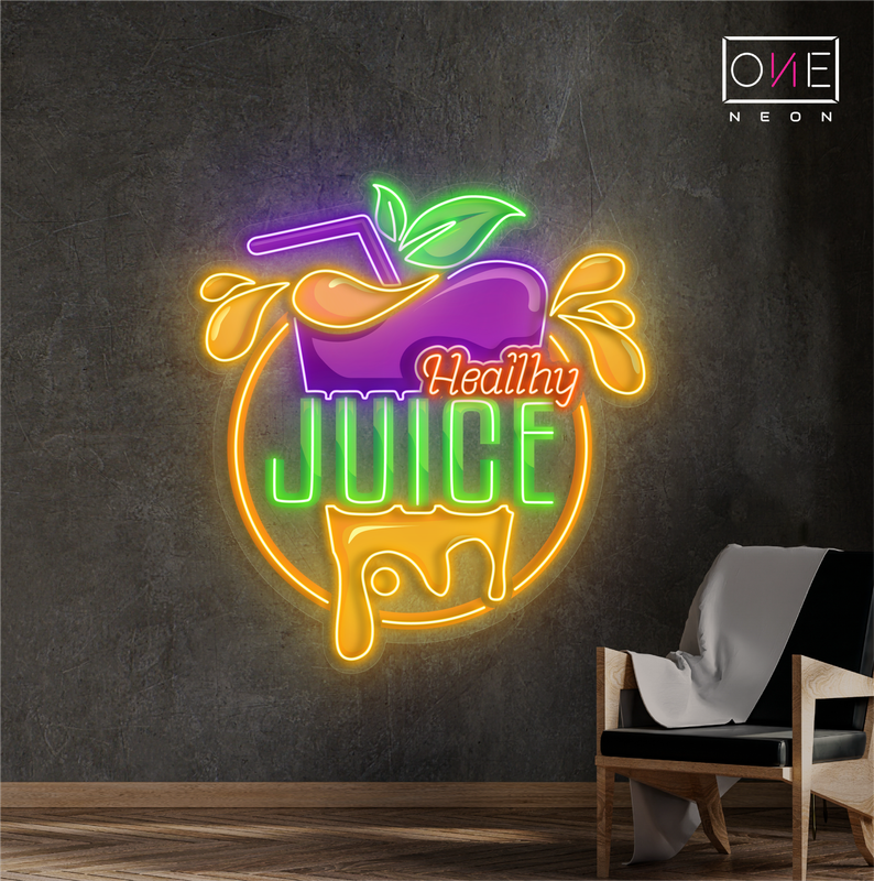 Enseigne au néon à LED avec illustration de jus sain