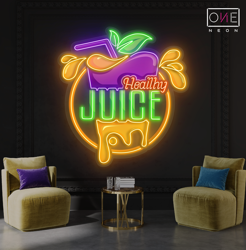 Enseigne au néon à LED avec illustration de jus sain