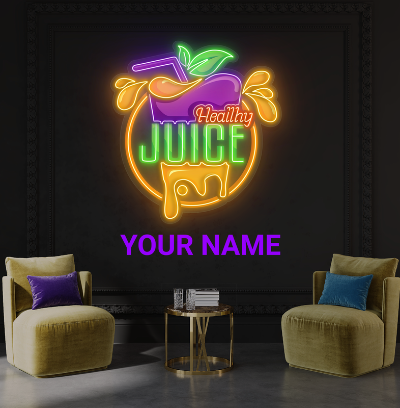 Enseigne au néon à LED avec illustration de jus sain
