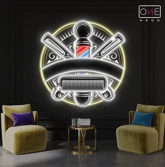 Enseigne au néon à LED avec illustration intemporelle de Barber Craft