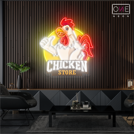 Panneau néon à LED avec illustration de magasin de poulet