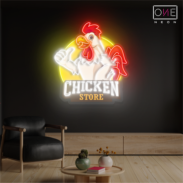 Panneau néon à LED avec illustration de magasin de poulet