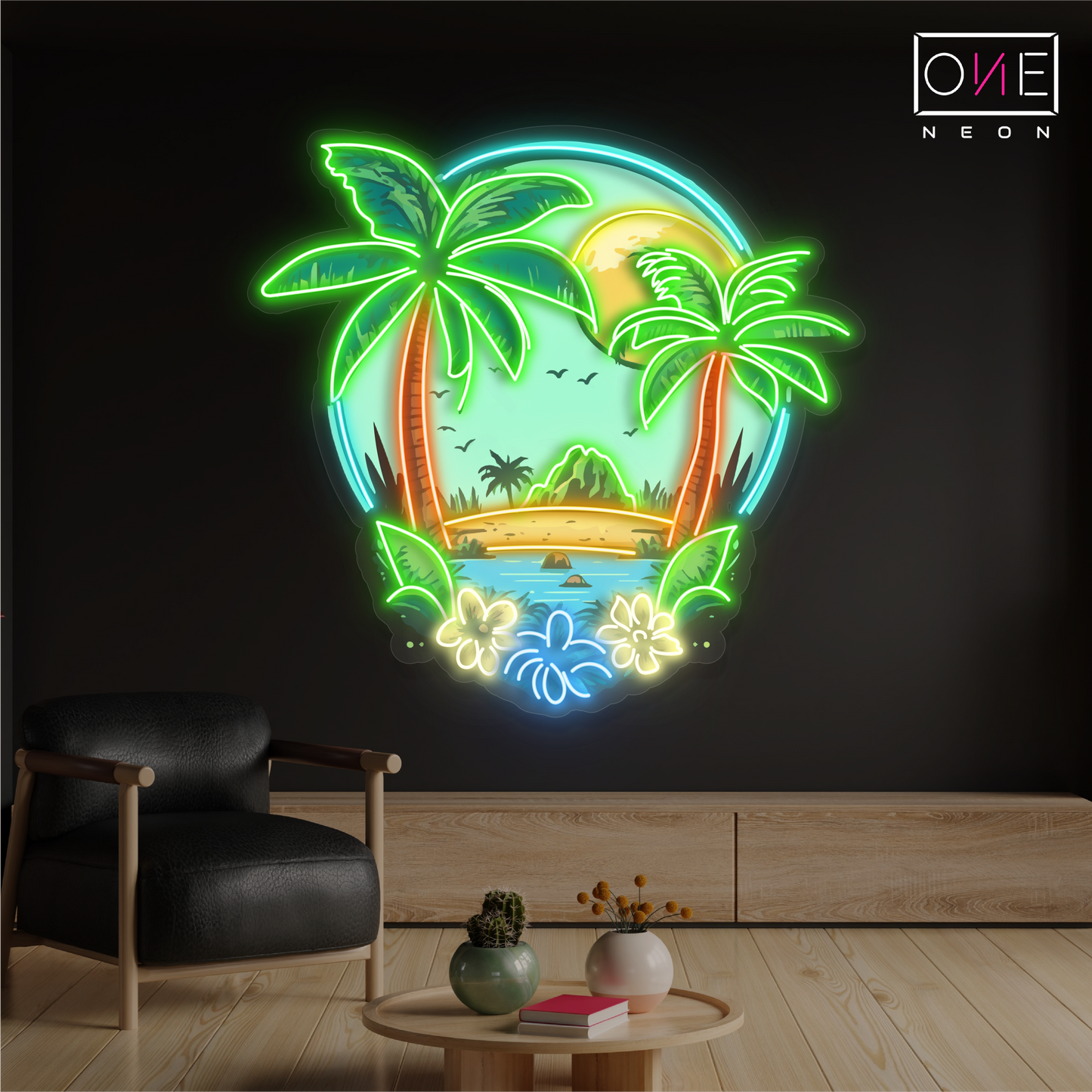 Enseigne au néon à LED avec illustration de coucher de soleil tropical