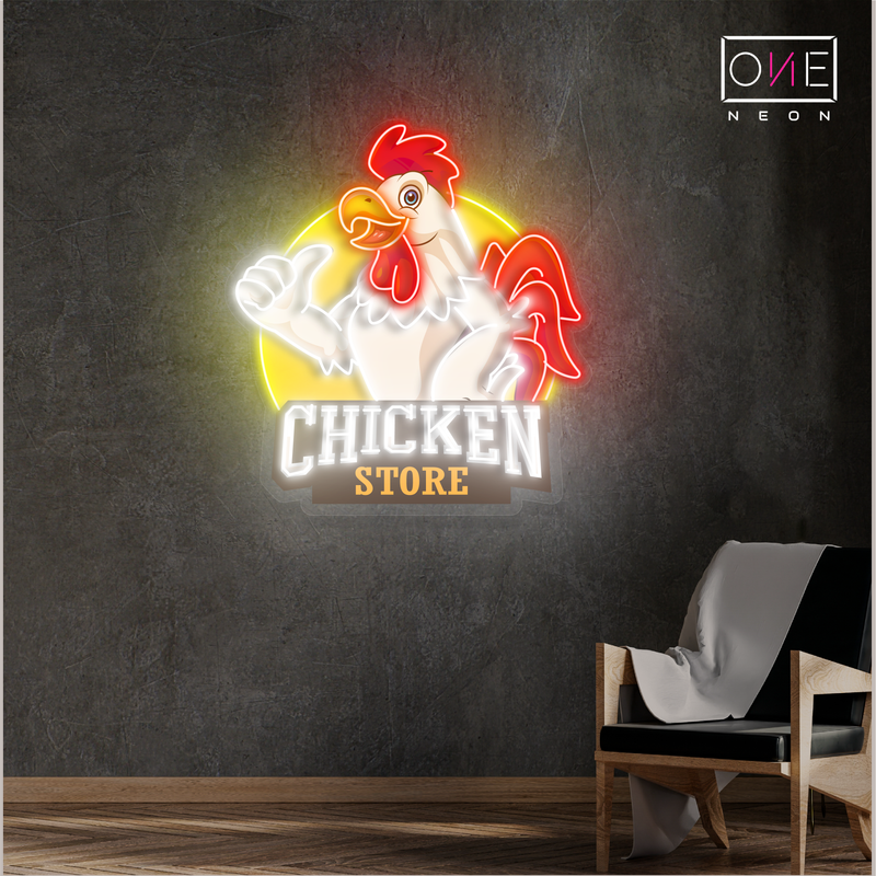 Panneau néon à LED avec illustration de magasin de poulet