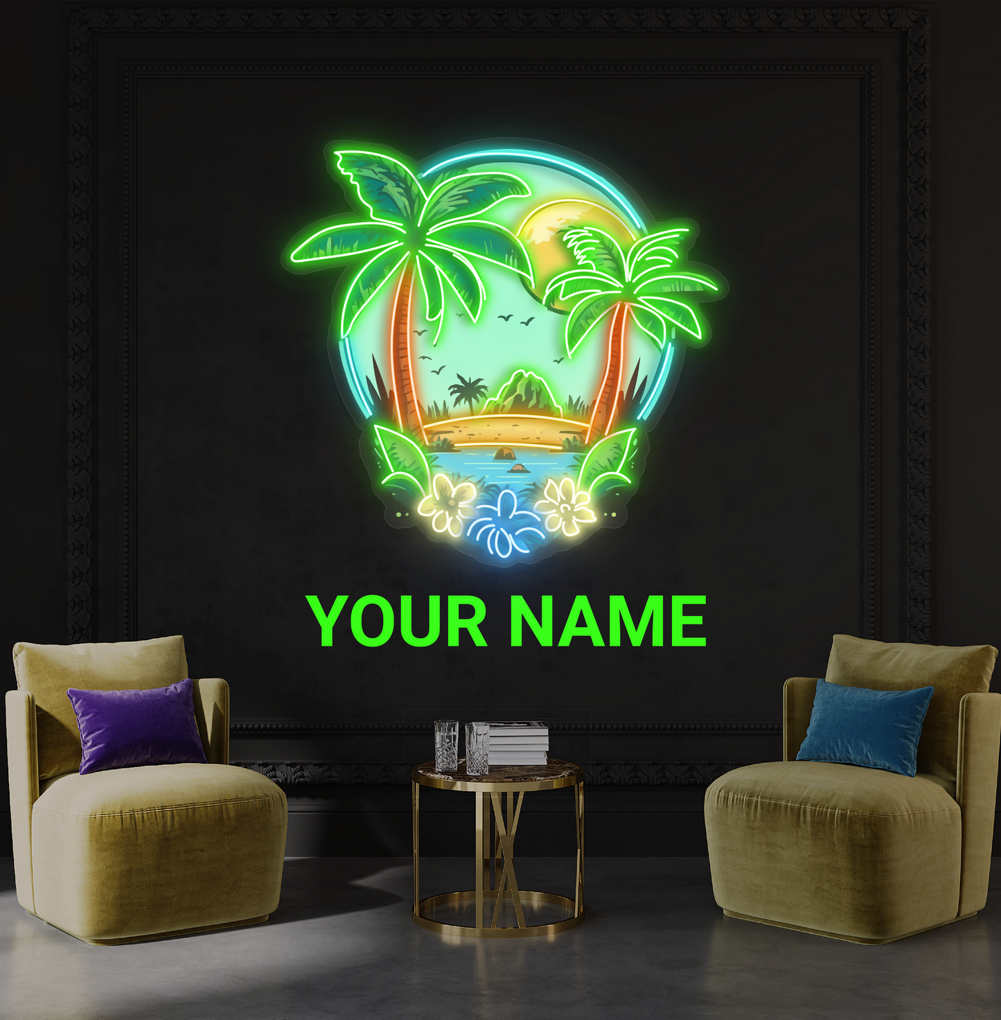 Enseigne au néon à LED avec illustration de coucher de soleil tropical