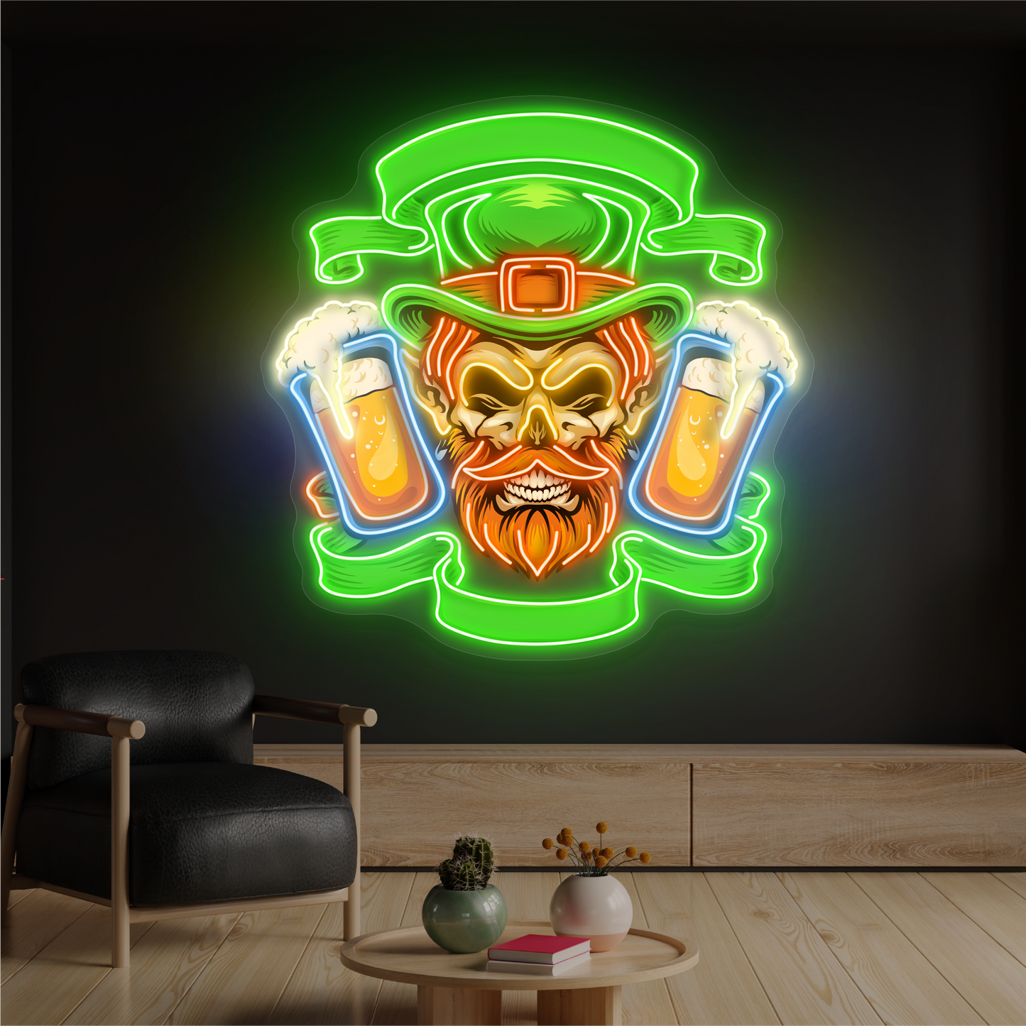 Panneau néon à LED avec illustration de double pinte de Leprechaun