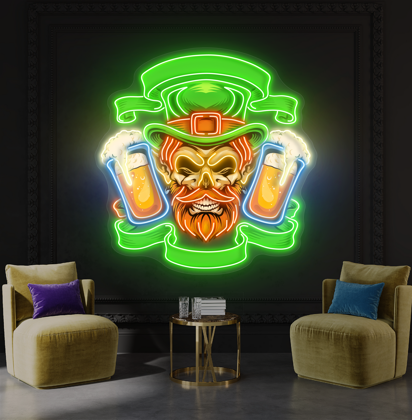 Panneau néon à LED avec illustration de double pinte de Leprechaun