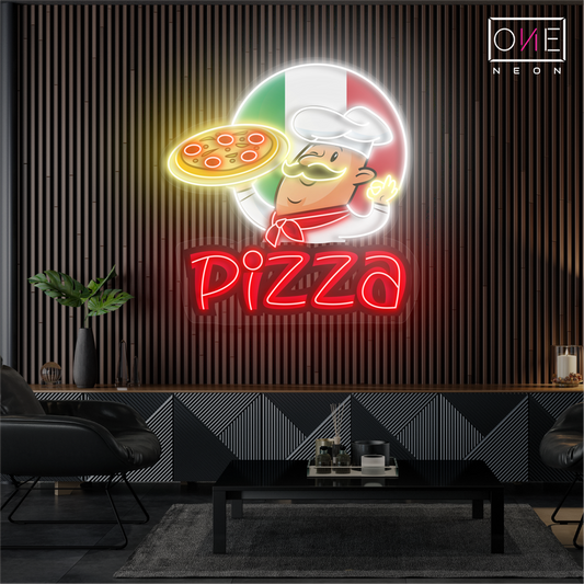 Enseigne au néon à LED avec illustration de pizza spéciale du chef