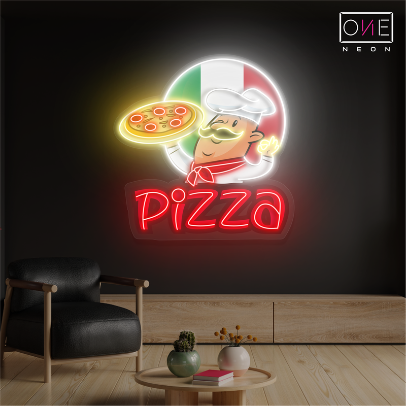 Enseigne au néon à LED avec illustration de pizza spéciale du chef