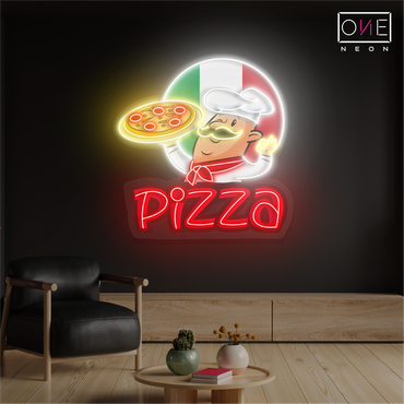 Enseigne au néon à LED avec illustration de pizza spéciale du chef