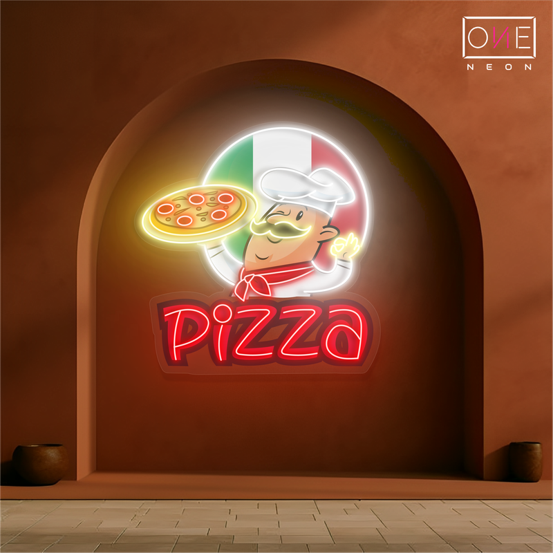 Enseigne au néon à LED avec illustration de pizza spéciale du chef