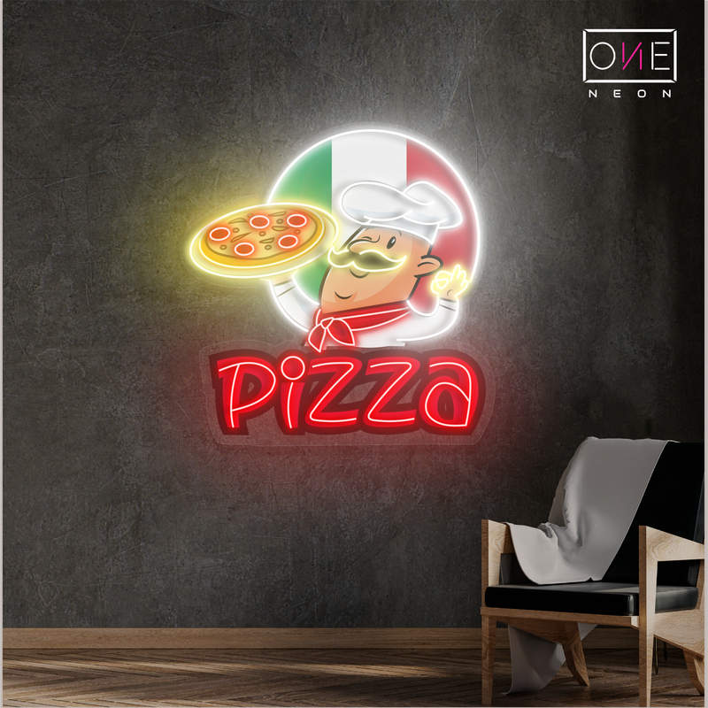 Enseigne au néon à LED avec illustration de pizza spéciale du chef