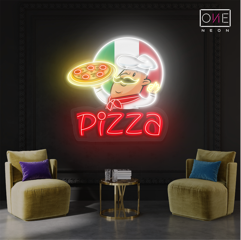 Enseigne au néon à LED avec illustration de pizza spéciale du chef