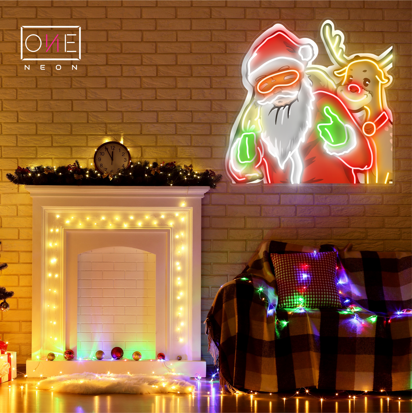 Enseigne au néon à LED représentant le duo Père Noël et Rudolph