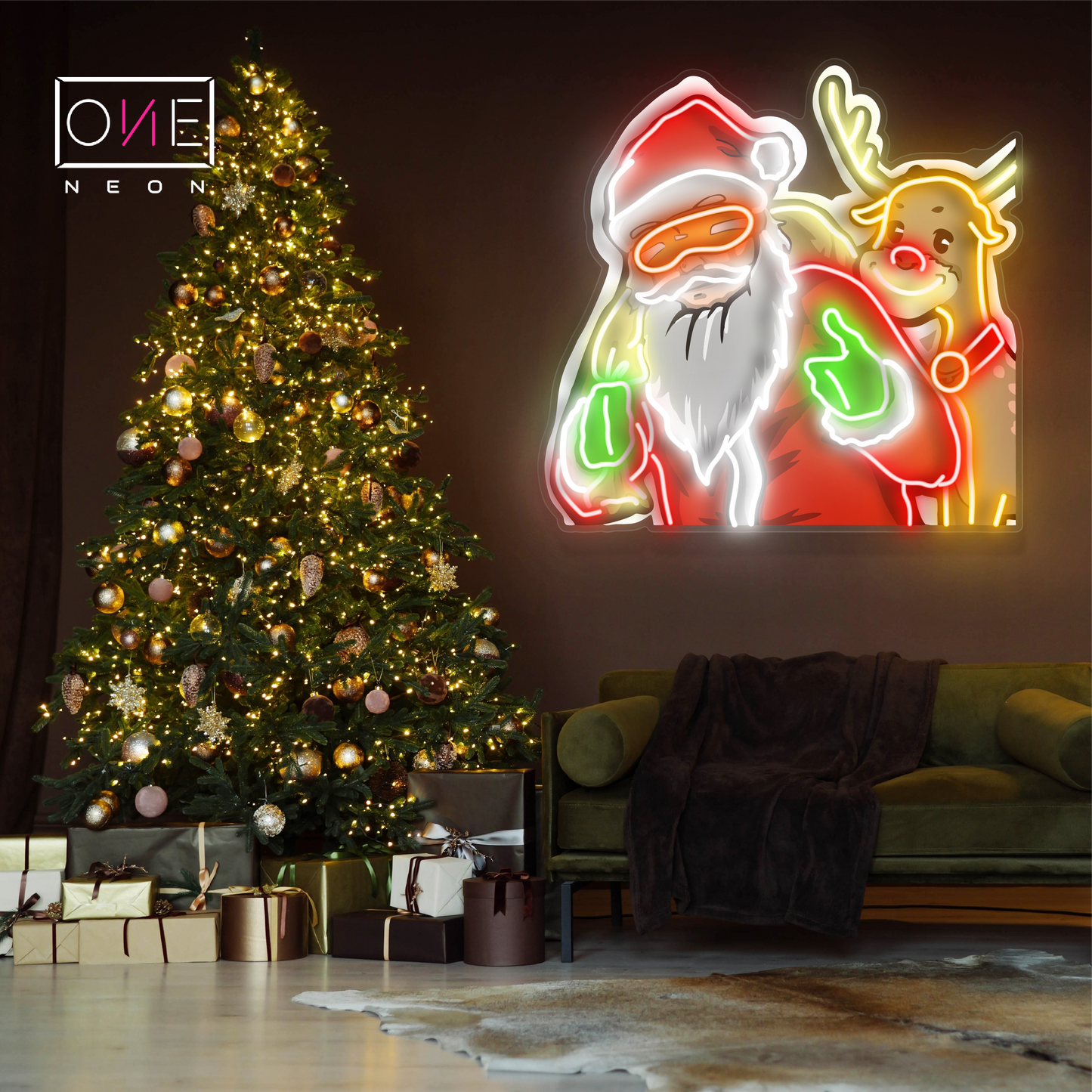 Enseigne au néon à LED représentant le duo Père Noël et Rudolph