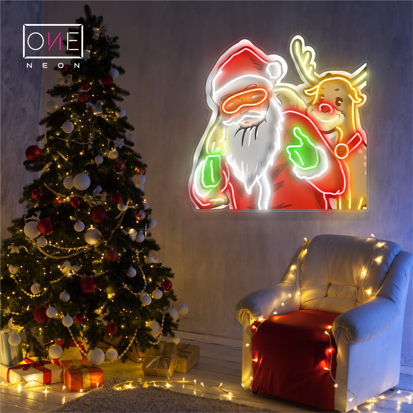 Enseigne au néon à LED représentant le duo Père Noël et Rudolph