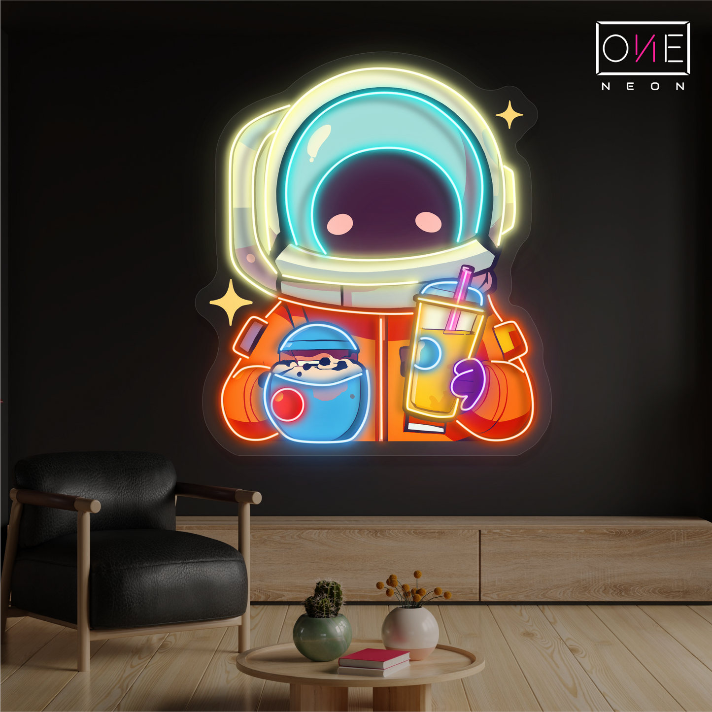 Enseigne au néon à LED représentant un astronaute mignon buvant du thé au lait