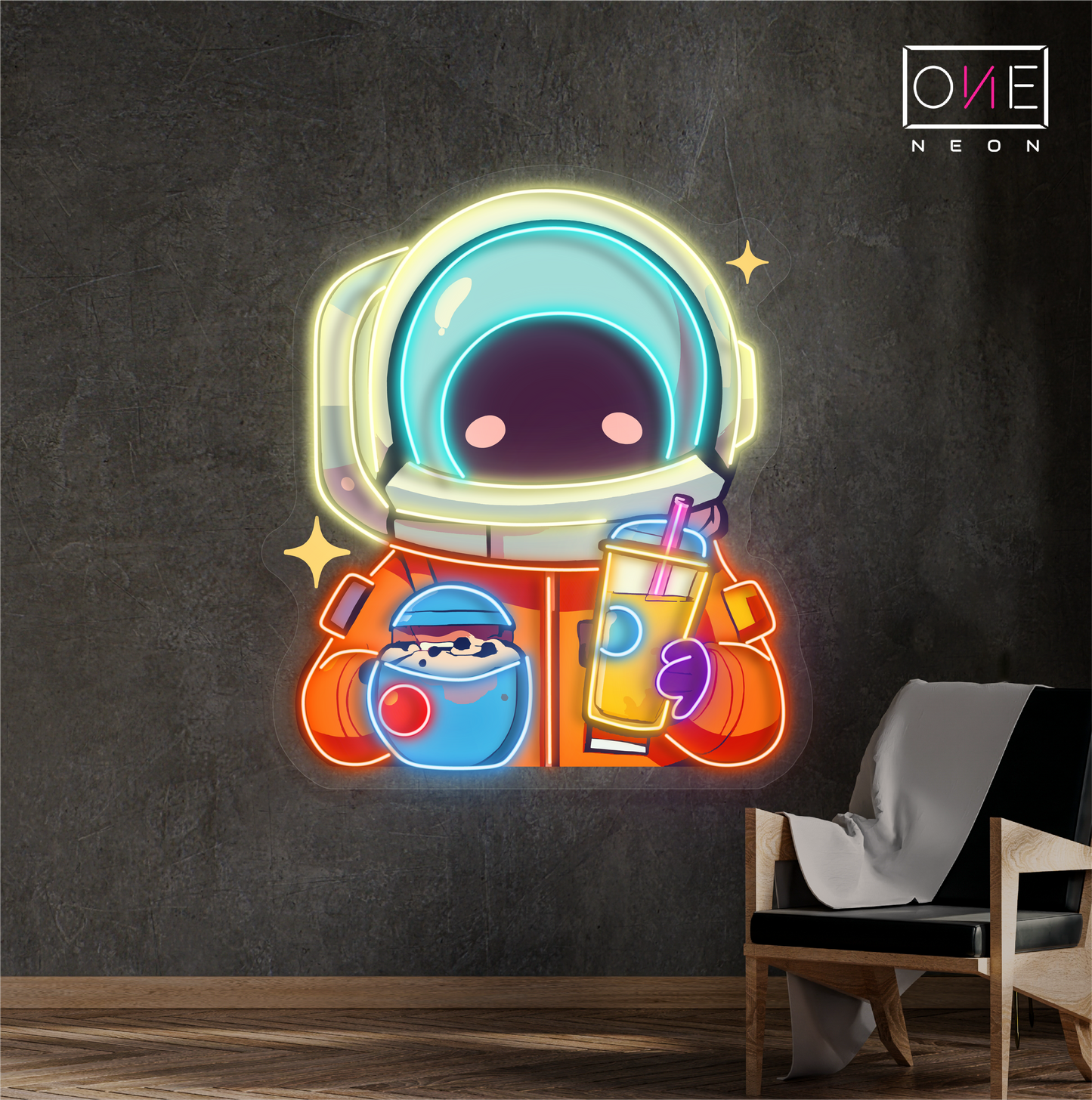 Enseigne au néon à LED représentant un astronaute mignon buvant du thé au lait
