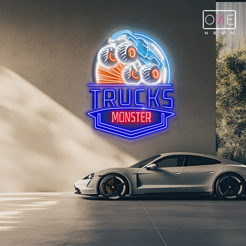 Panneau néon à LED avec illustration de Monster Trucks
