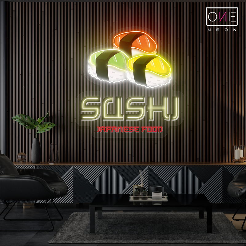 Panneau néon à LED représentant une œuvre d'art culinaire japonaise avec sushi