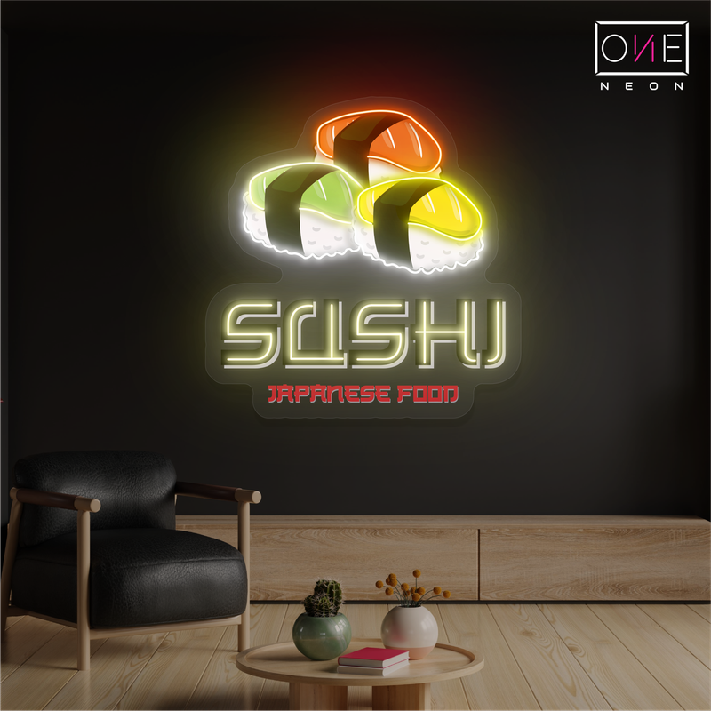 Panneau néon à LED représentant une œuvre d'art culinaire japonaise avec sushi